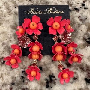 Brooks Brothers Floral Long Drop Earrings with Crystals Pink Orange